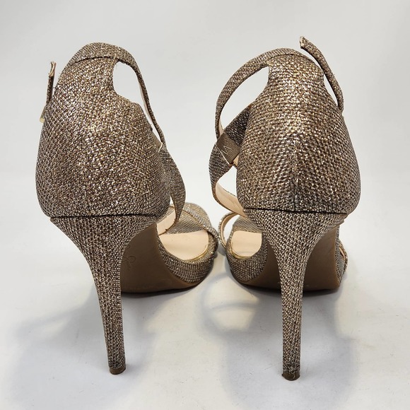 Jessica Simpson Gold Glitter Stiletto Ankle Strap Heels Size 10 M Open Toe - Picture 7 of 10